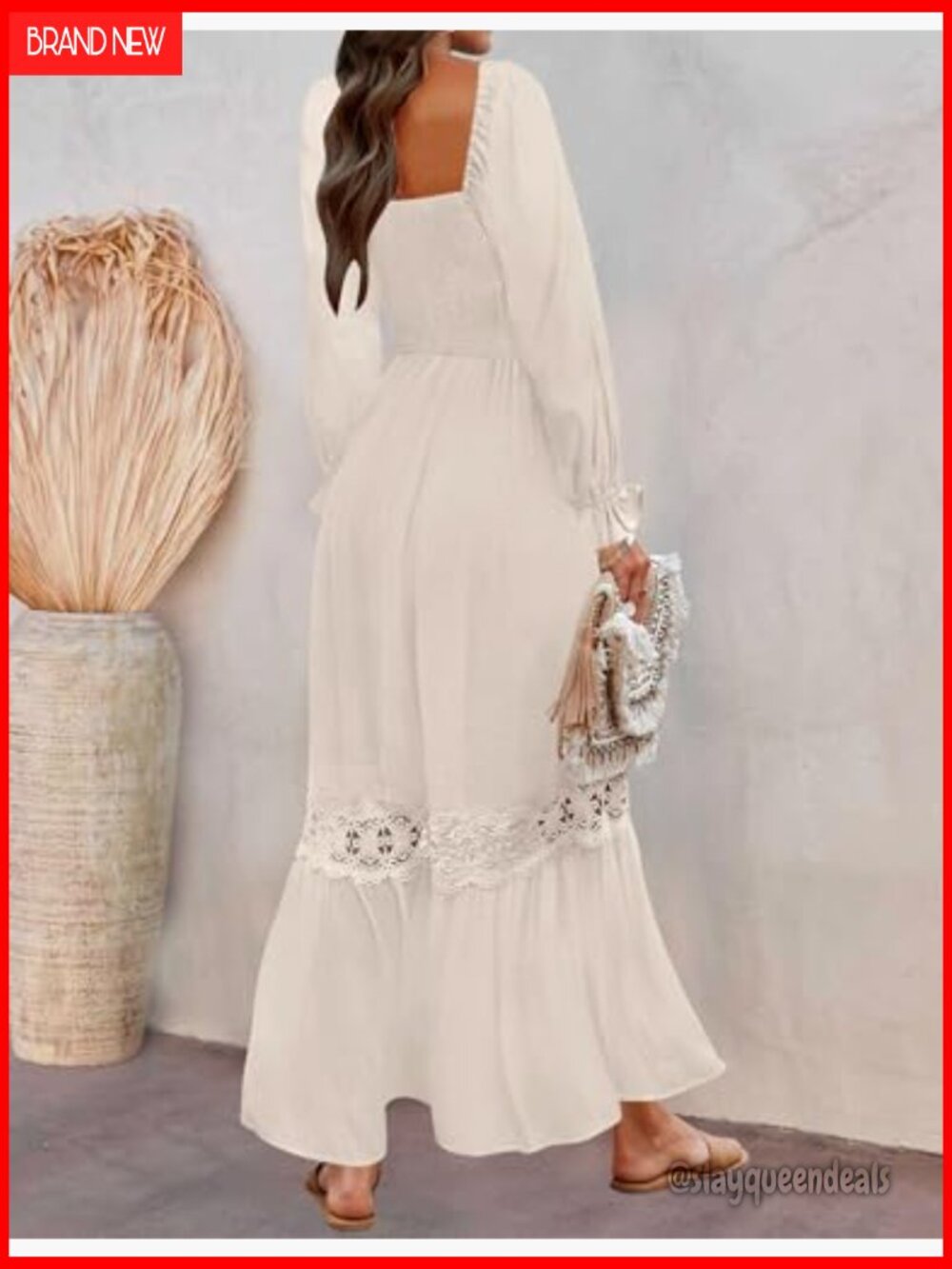Boho Square Neck Smocked Maxi Dress with Lace Trim - Picture 4 of 7
